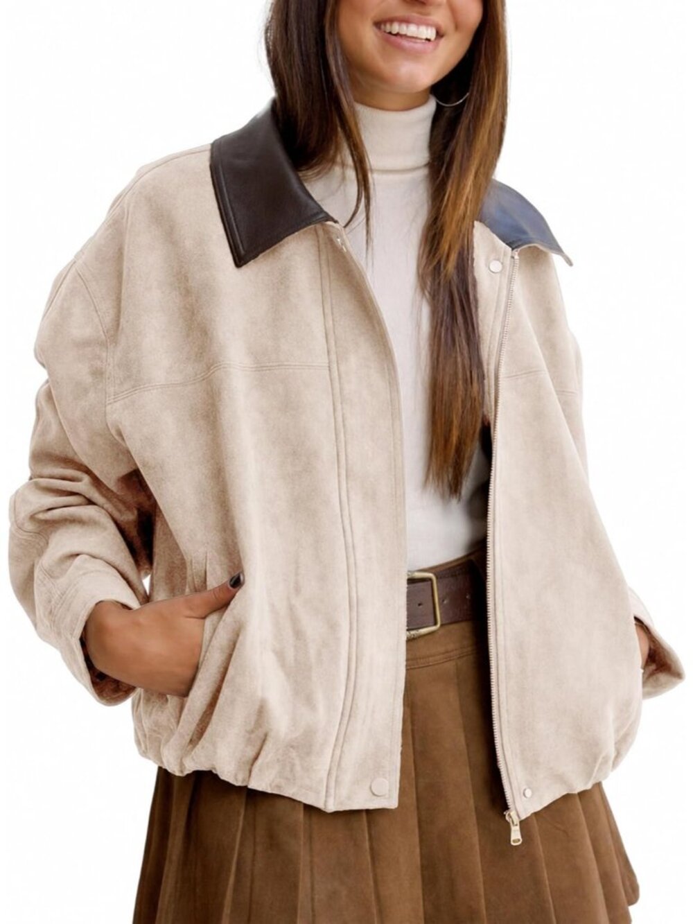 Womens Beige Spandex Point Collar Long Sleeve Aviator Oversized Bomber Jacket